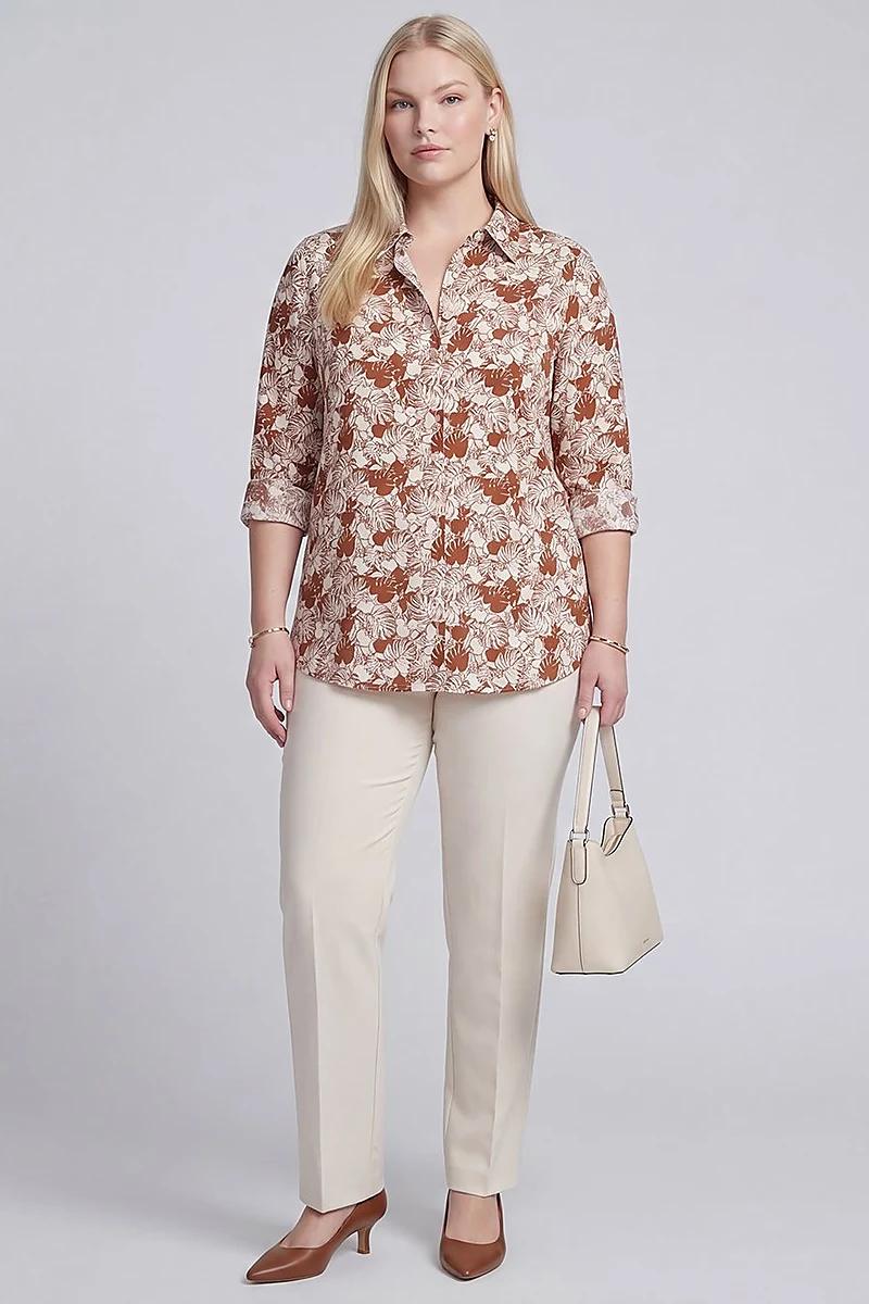 Leaf Print Cotton Viscose Tunic Brown
