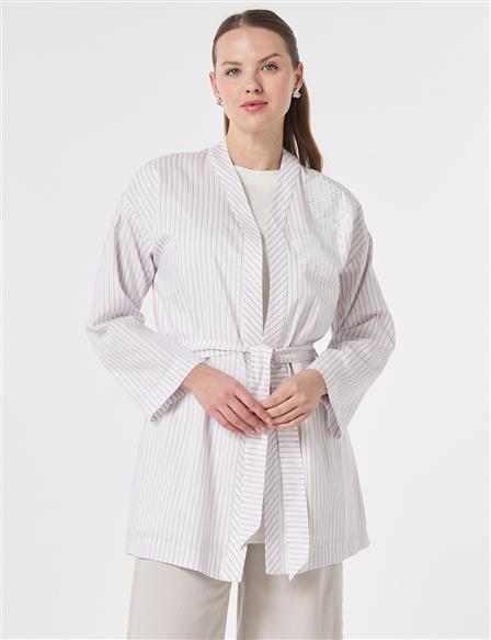 Striped Pattern Belted Kimono Lilac