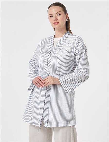 Striped Pattern Belted Kimono Indigo
