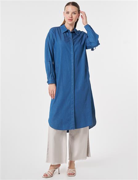 Bağcık Detaylı Denim Tunik İndigo