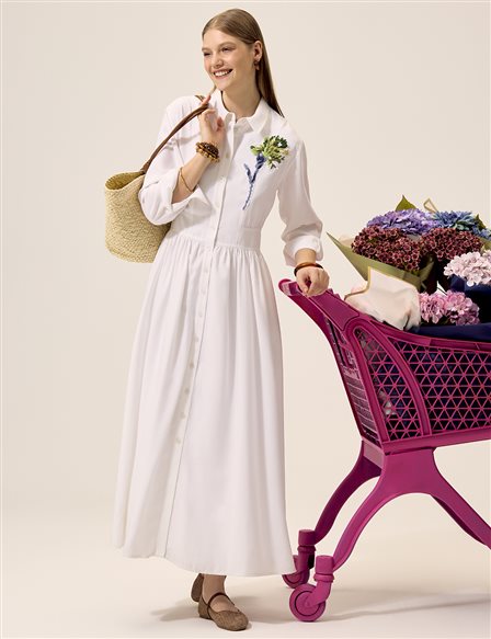 Embroidered Detail Modal Dress Optical White