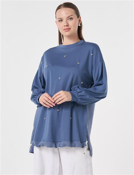 Taş İşlemeli Rayon Tunik İndigo 