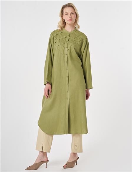 Kafes Örgülü Keten Lyocell Tunik Matcha Yeşili 