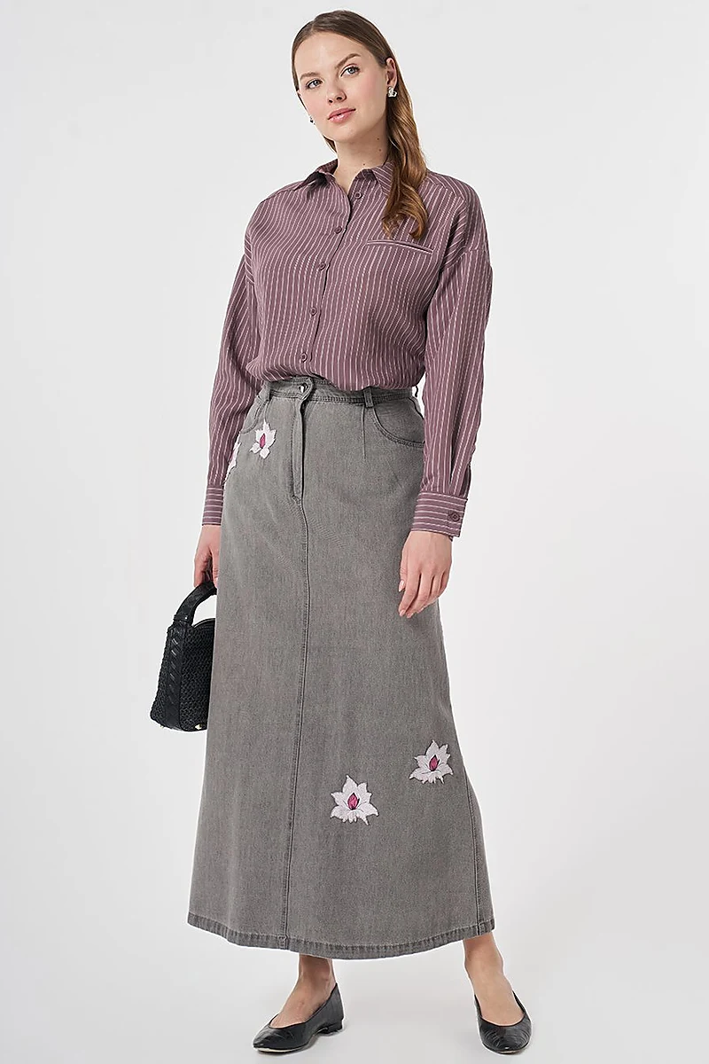 Flower Appliqué Denim Skirt Anthracite