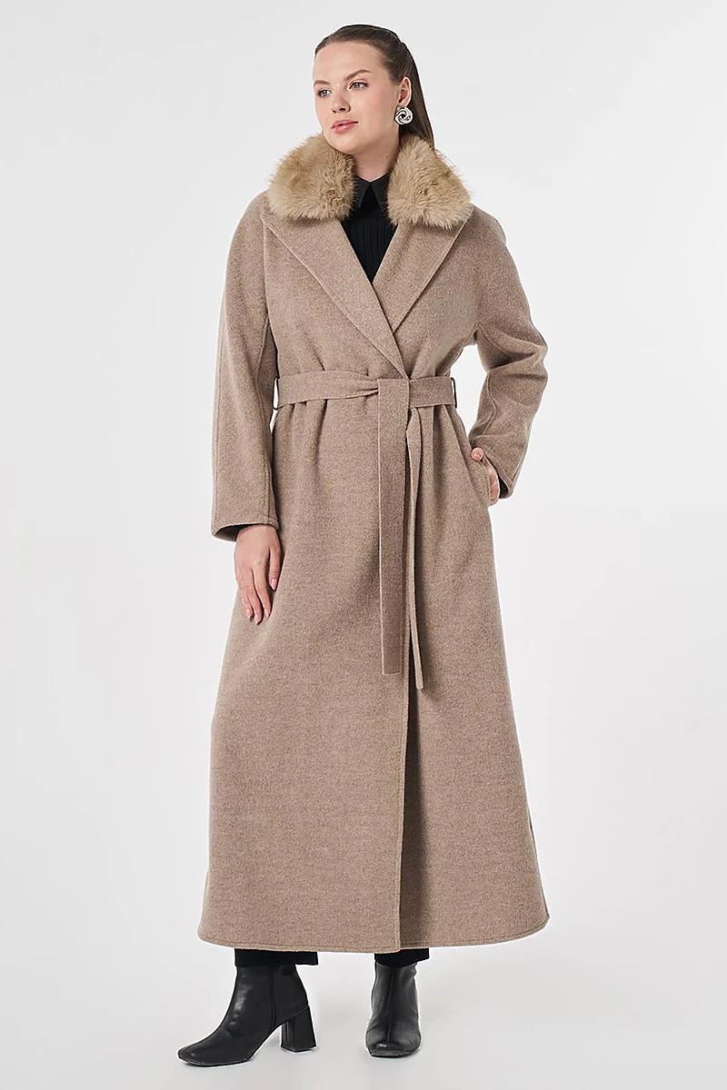 Detachable Faux Fur Collar Wool Coat in Dark Mink