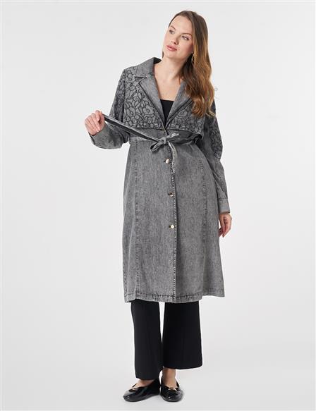 Embroidered Detail Denim Cape Anthracite
