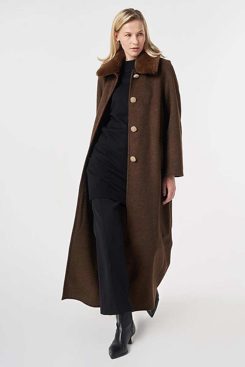 Long Wool Coat with Fur Collar Dark Brown