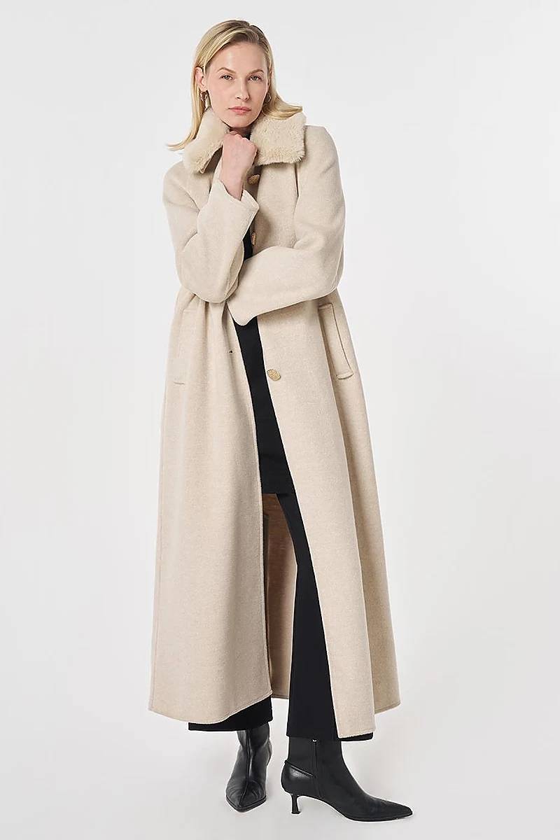 Long Wool Coat with Fur Collar Cream 