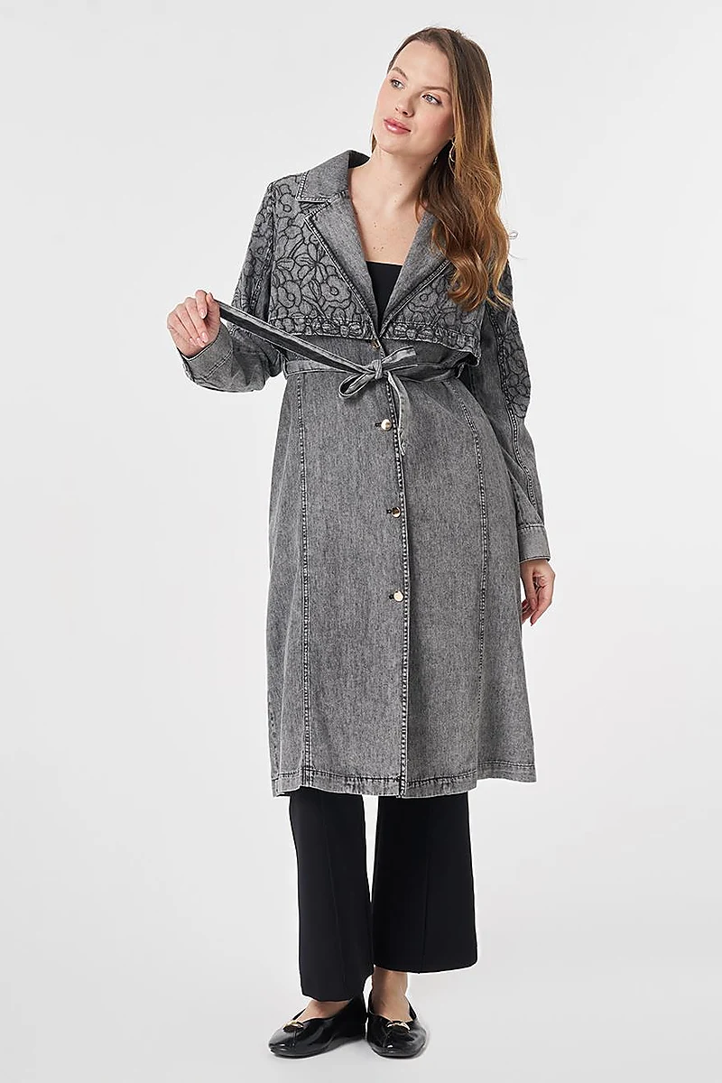 Embroidered Detail Denim Cape Anthracite