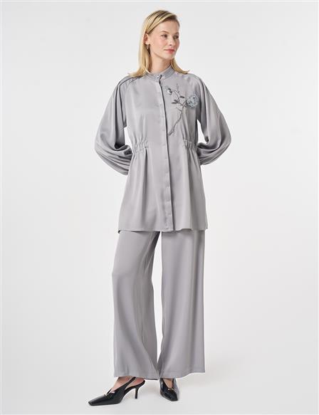 Embroidered Detail Satin Two-Piece Set Grey