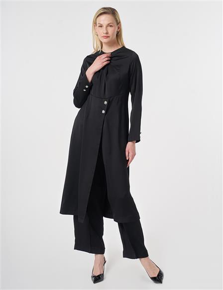 Elegant Satin Set with Glossy Buttons Black