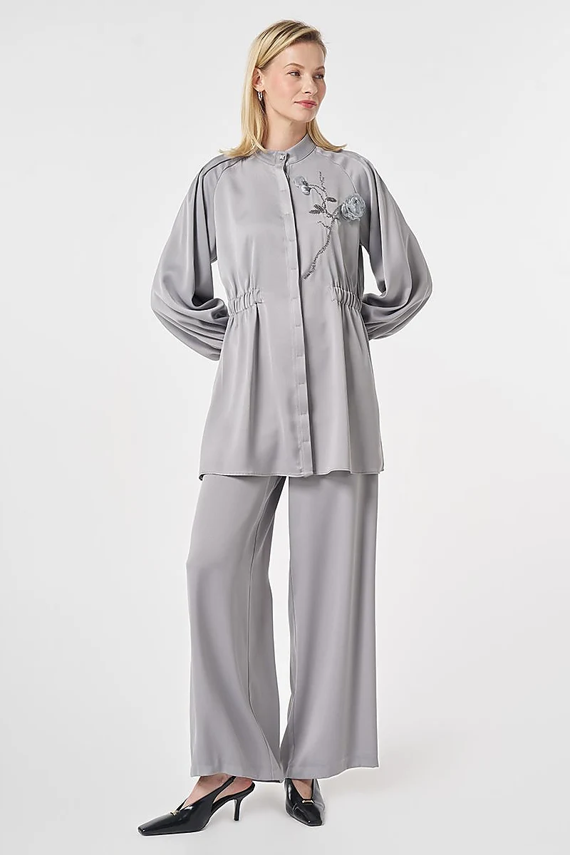 Embroidered Detail Satin Two-Piece Set Grey