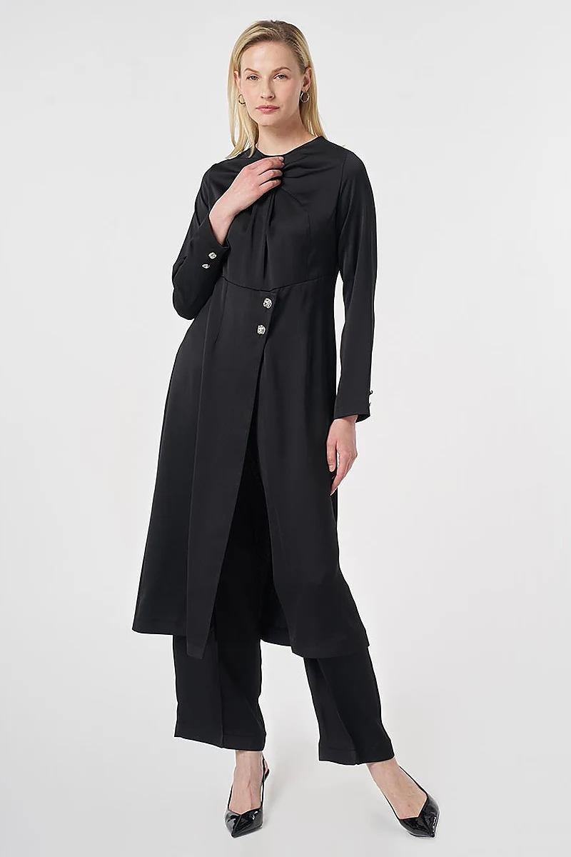 Elegant Satin Set with Glossy Buttons Black