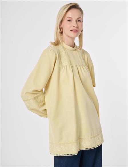 Striped Broderie Detailed Modal Tunic Lemon Yellow