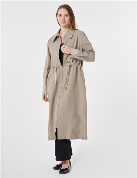 Cotton Linen Coat with Cuff Details Dark Mink