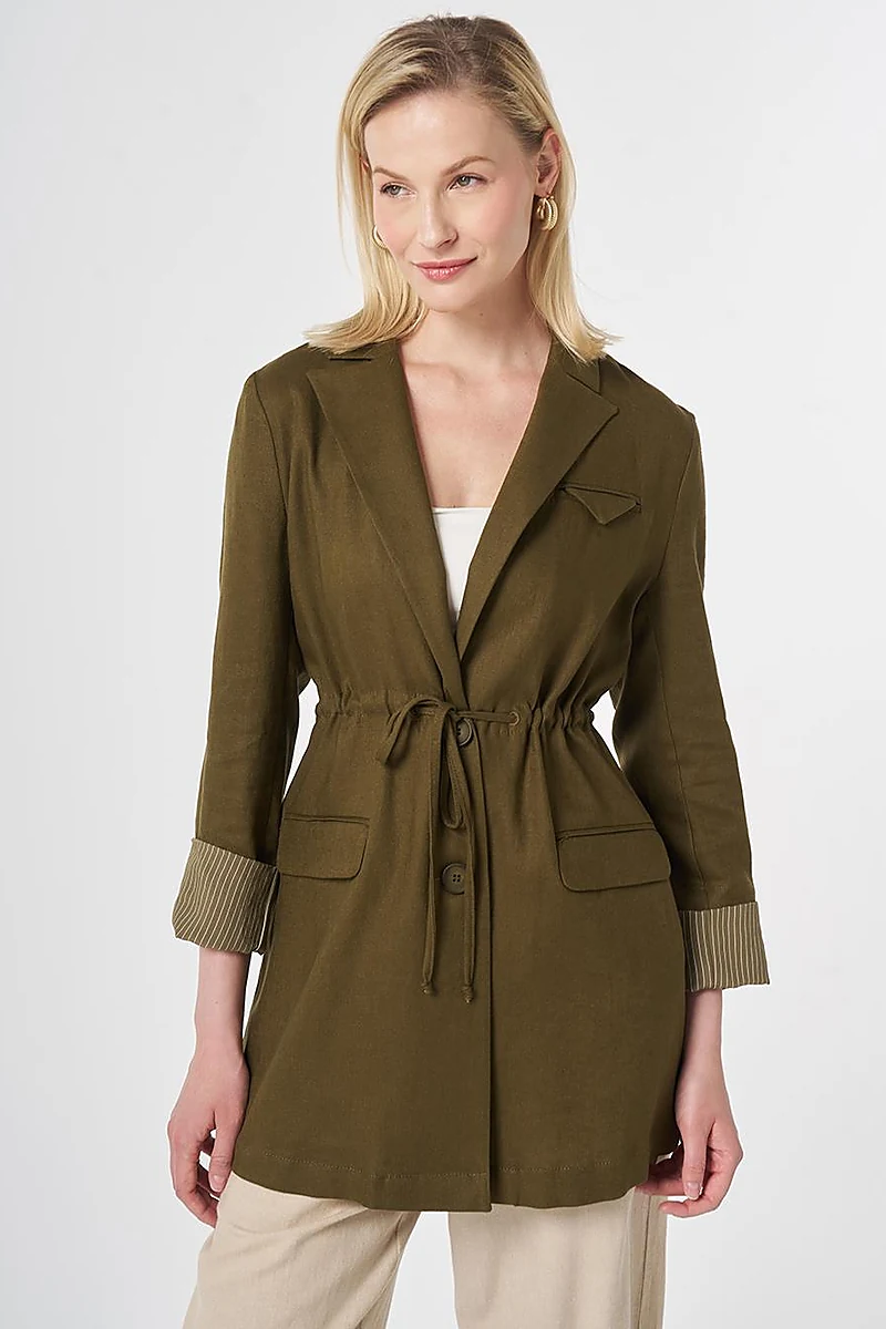 Waist-Gathered Blazer Jacket Dark Khaki