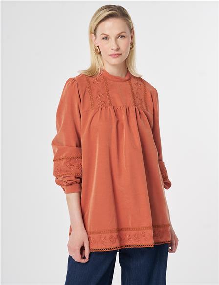 Striped Broderie Detailed Modal Tunic Brick Red