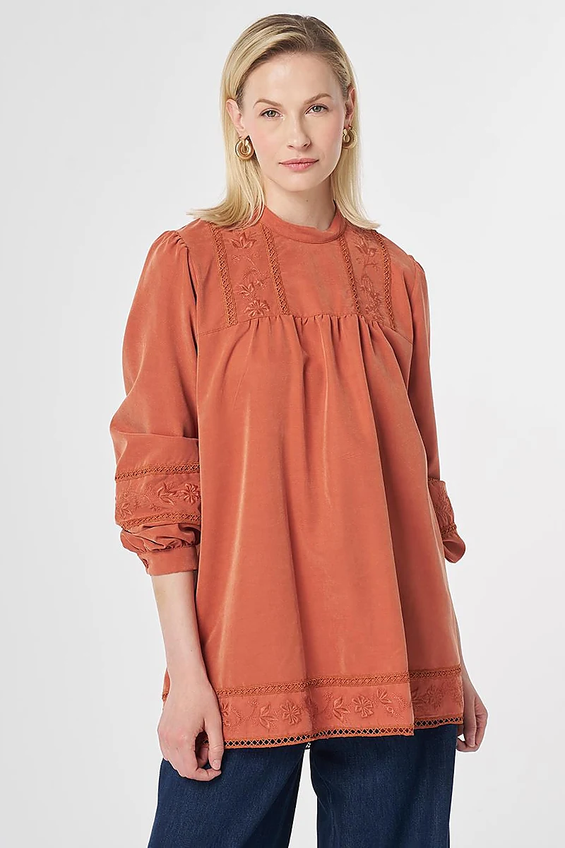 Striped Broderie Detailed Modal Tunic Brick Red