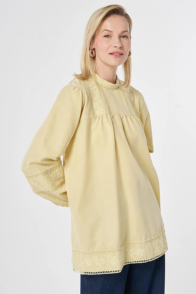 Striped Broderie Detailed Modal Tunic Lemon Yellow