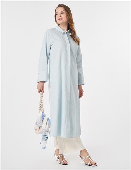 Button-Detail Cotton Linen Tunic Blue