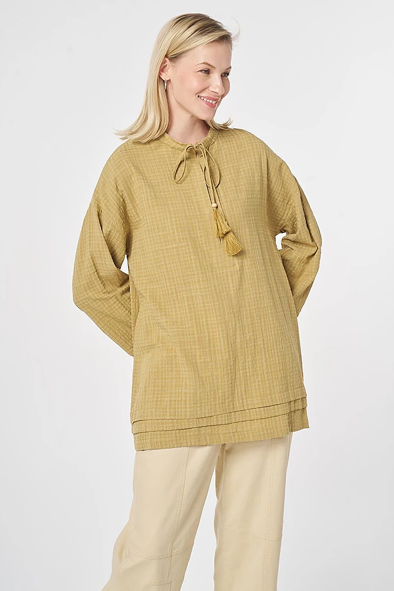 Tie-Neck Cotton Tunic Olive Green