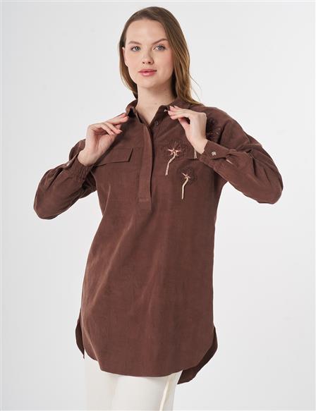 Embroidered Appliqué Flap Pocket Modal Tunic Chocolate