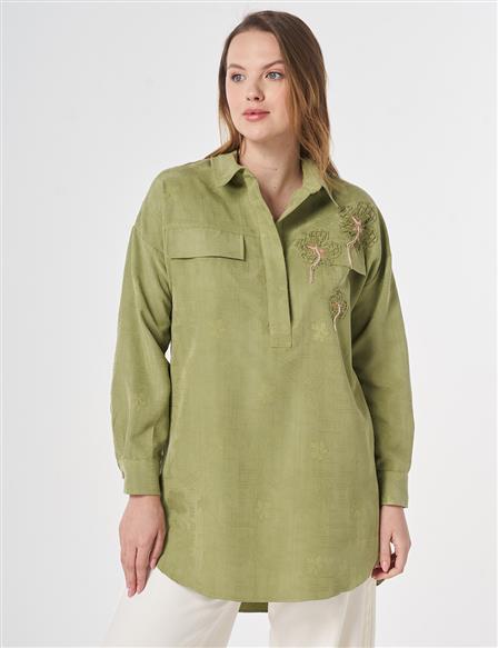 Embroidered Appliqué Flap Pocket Modal Tunic Matcha Green