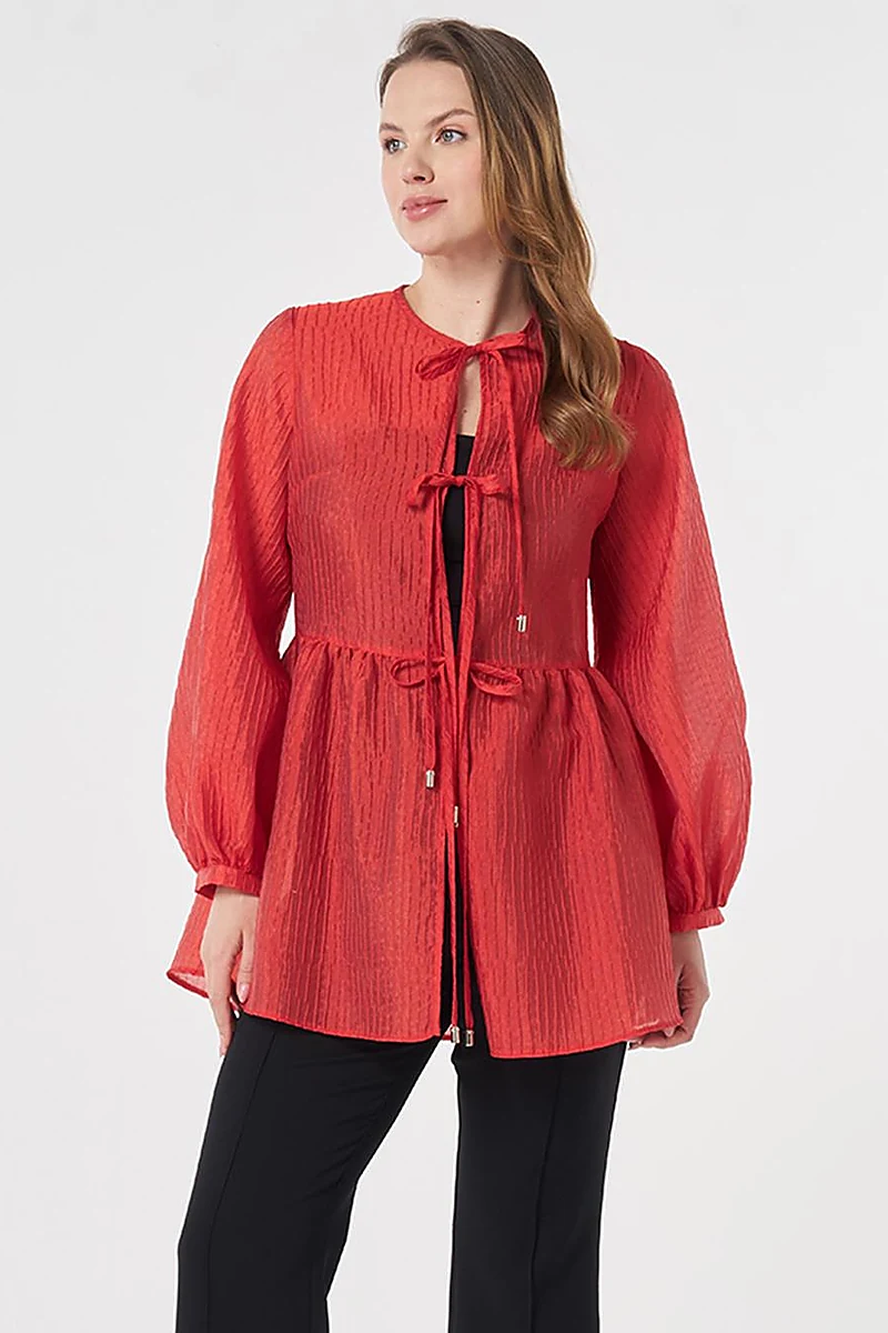 Lace-Up Jacquard Blouse Red