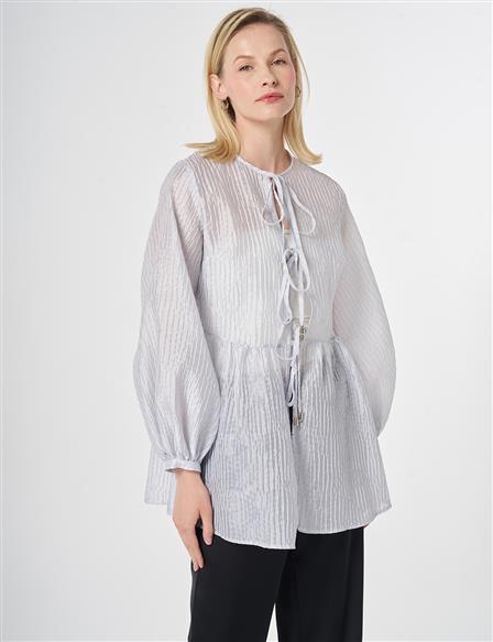 Lace-Up Jacquard Blouse Blue