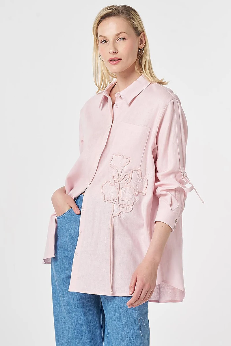 Embroidered Appliqué Linen Lyocell Tunic Powder Pink