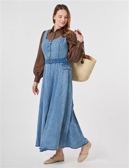 Kemer Detaylı Denim Elbise Mavi