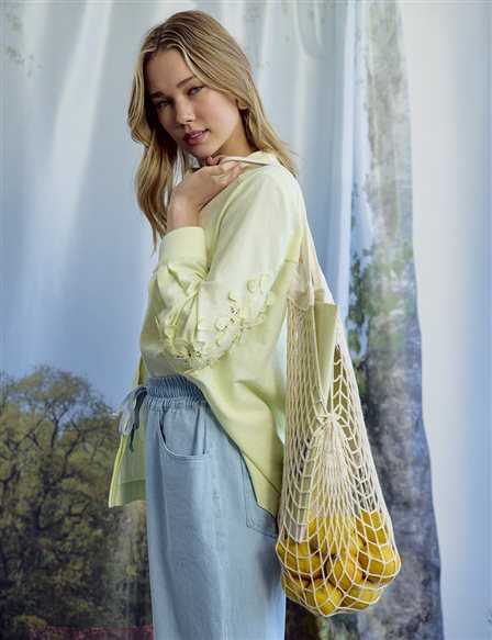 Embroidered Appliqué Cotton Linen Blouse Light Yellow