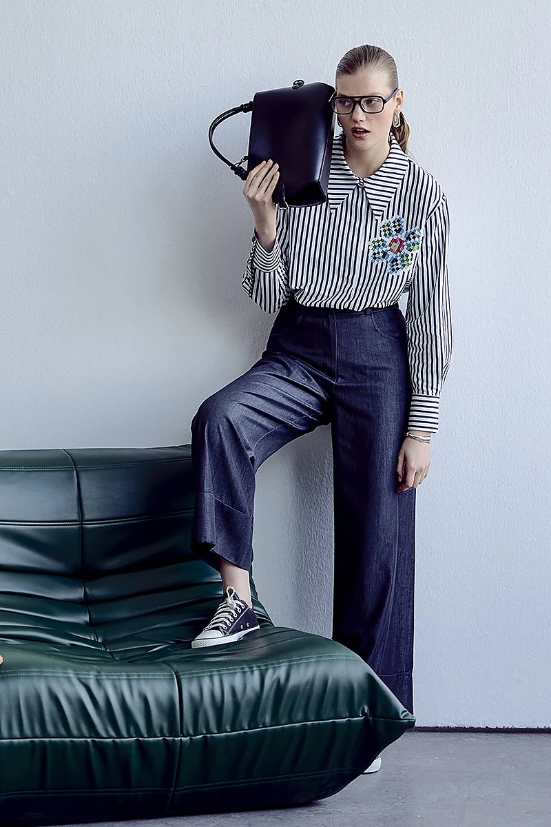 Geniş Paça Denim Pantolon Siyah