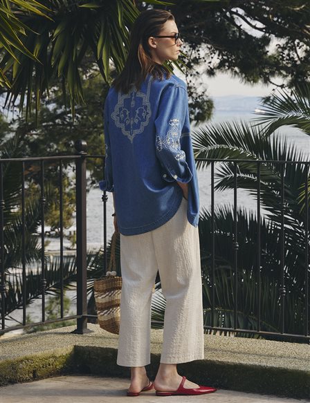 Nakış İşlemeli Denim Tunik Mavi