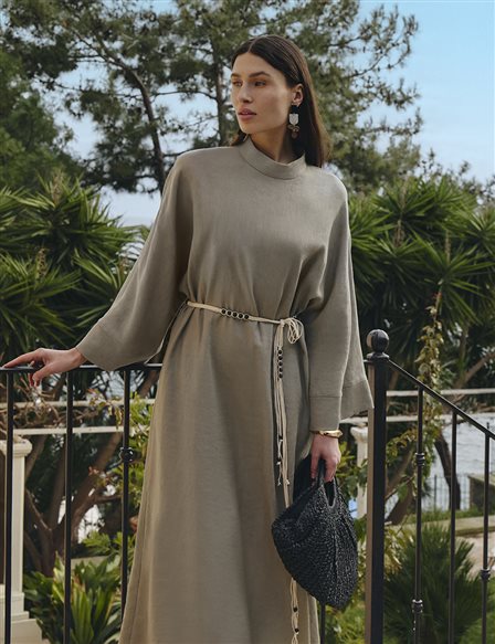 Cotton Linen Dress with Rope Belt Dark Mink