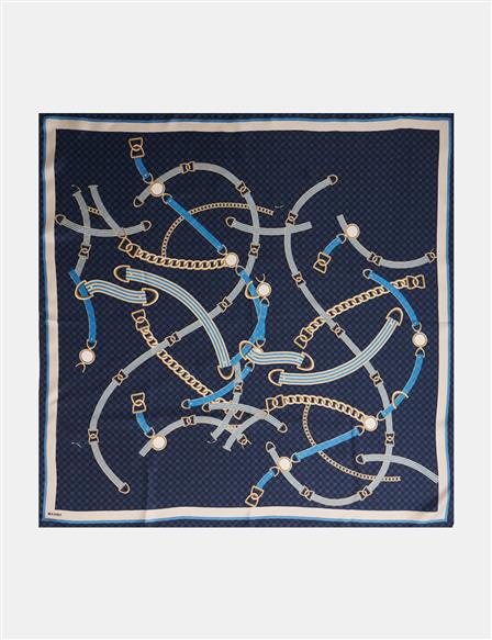 Chain Pattern Silk Scarf Navy