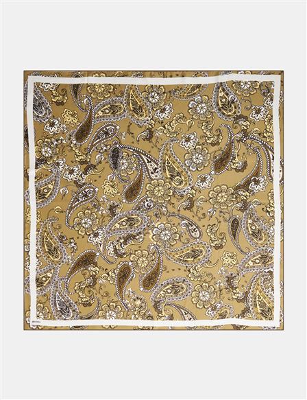 Ethnic Pattern Silk Scarf Khaki