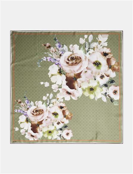Monogram Floral Silk Scarf Sage Green