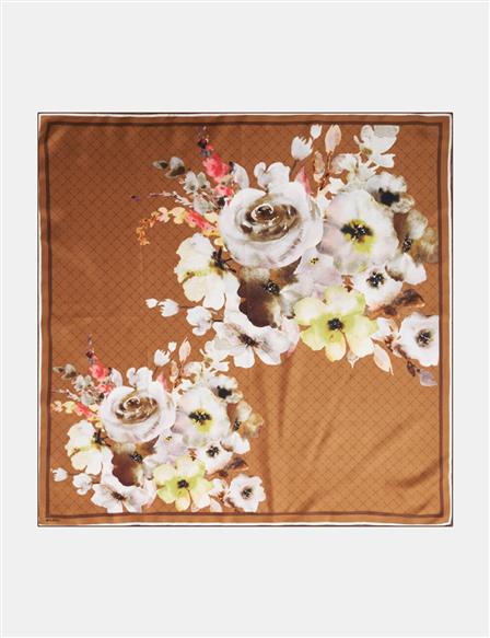 Monogram Floral Silk Scarf Light Brown