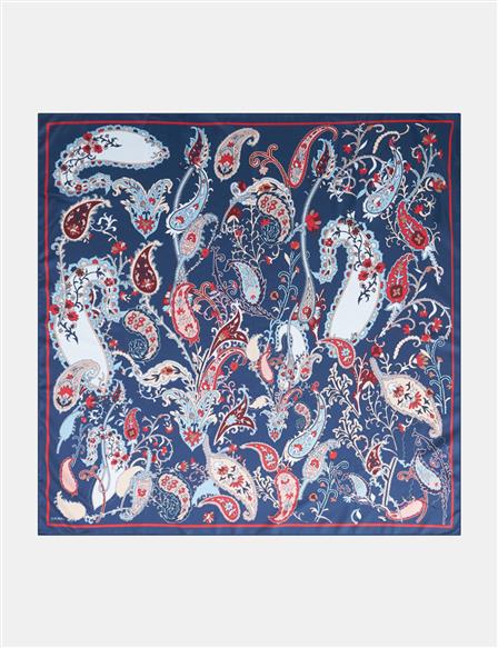 Ethnic Teardrop Pattern Scarf Navy -Cherry