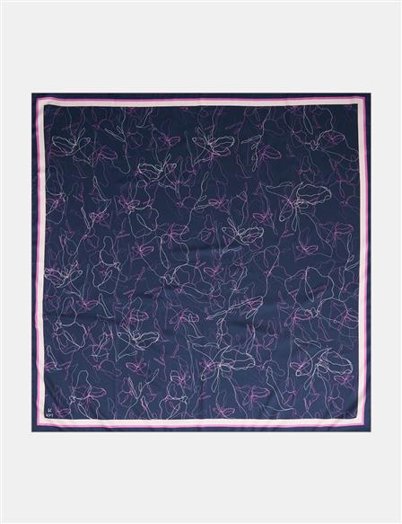 Linear Floral Pattern Scarf Navy Blue-Pink