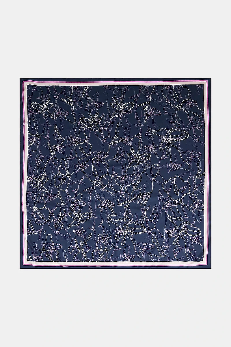 Linear Floral Pattern Scarf Navy Blue-Pink