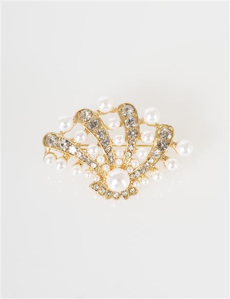 Pearl Detail Oyster Figure Brooch Gold