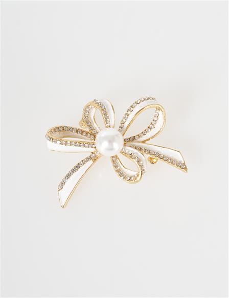 Pearl Detail Bow Brooch Gold