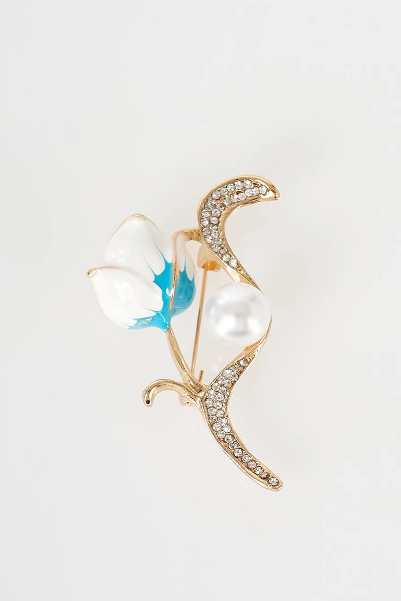 Pearl Detail Flower Brooch Gold
