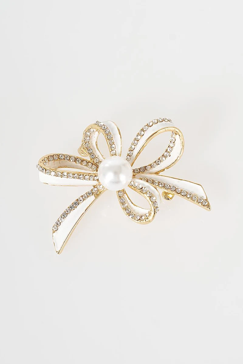 Pearl Detail Bow Brooch Gold