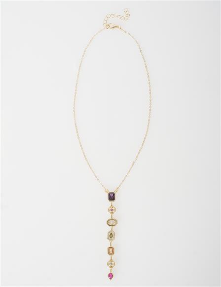 Colorful Stone Geometric Y Necklace Gold