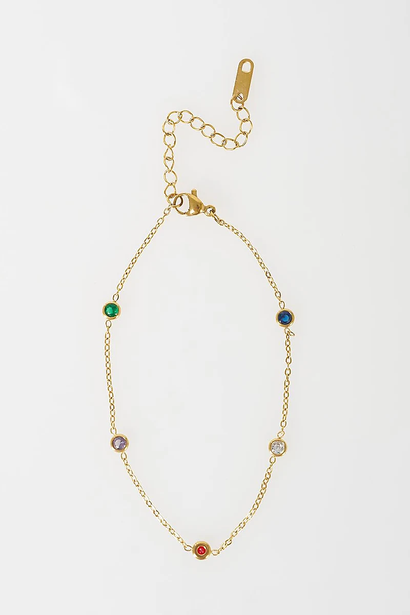 Multicolor Stone-Embellished Stainless Steel Anklet Gold