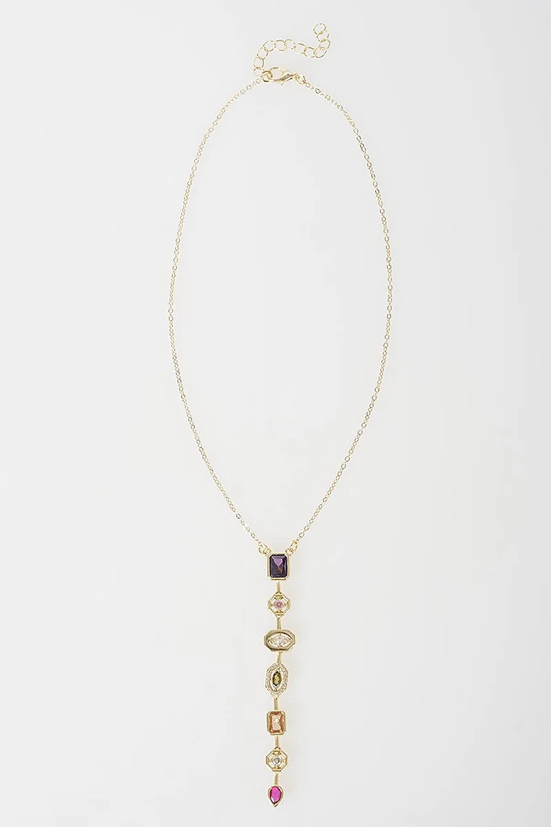 Colorful Stone Geometric Y Necklace Gold
