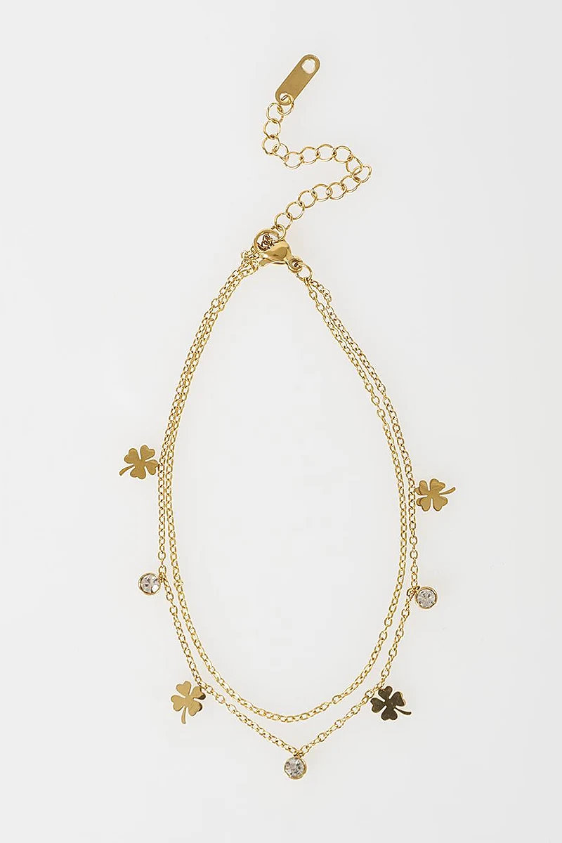 Clover Detail Stainless Steel Anklet Gold